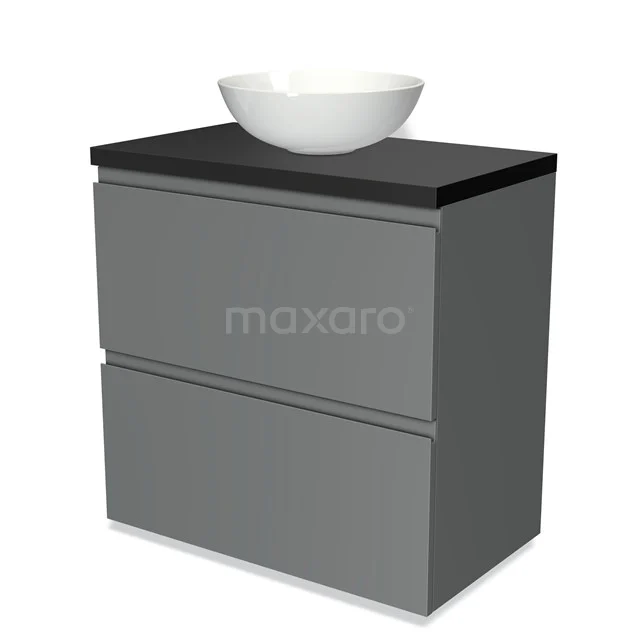 Grey bathroom furniture set with black top and white oval countertop wash basin, modern design and clean lines.