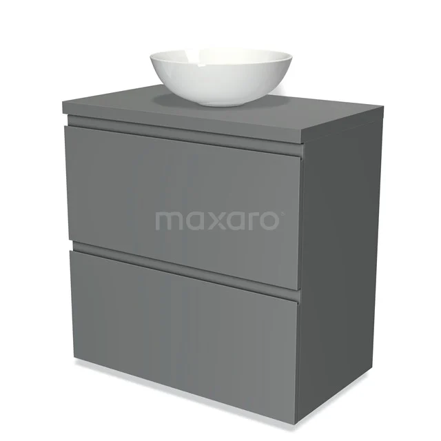 Grey bathroom cabinet with two drawers and a white surface-mounted ceramic basin, sleek design for modern bathrooms.
