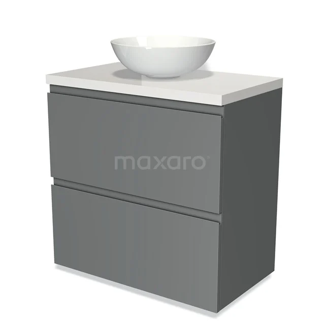 Graues Badezimmermöbel mit zwei Schubladen und weißem keramischen Aufsatzwaschbecken, schlichtes Design für moderne Bäder.