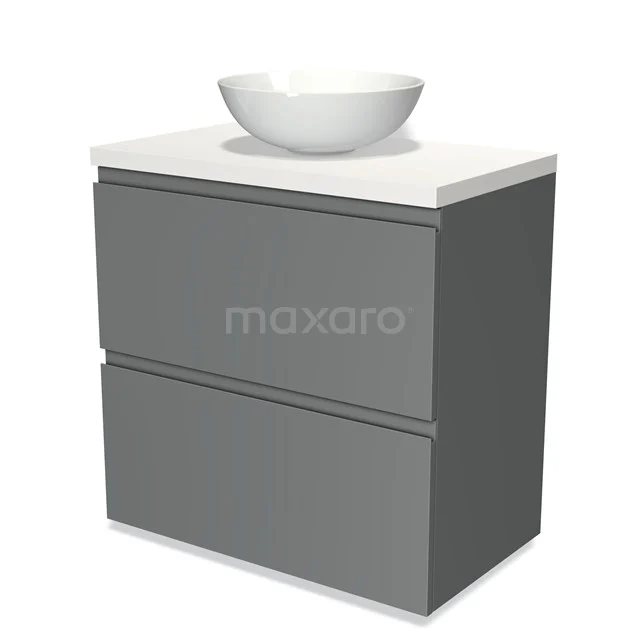 Grauer Badschrank mit weißer Waschbecken, modernes Design, 2 Schubladen, ideal für stilvolle Badezimmerlagerung.