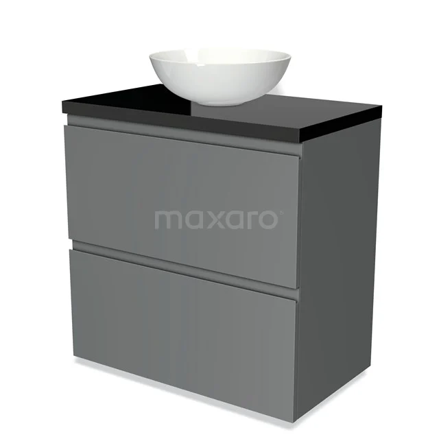 Grey bathroom furniture set with black top and white bowl basin, modern design and sleek drawers.