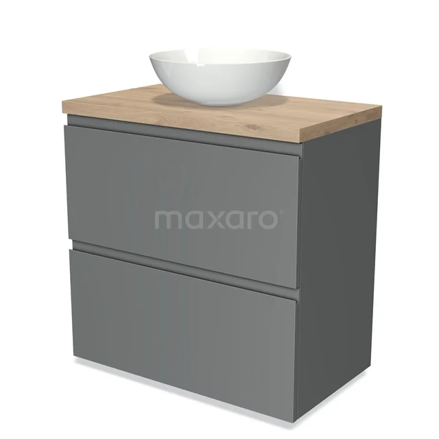Grauer Badschrank mit hölzerner Platte und rundem weißen Aufsatzwaschbecken, modernes Design und zwei geräumigen Schubladen.