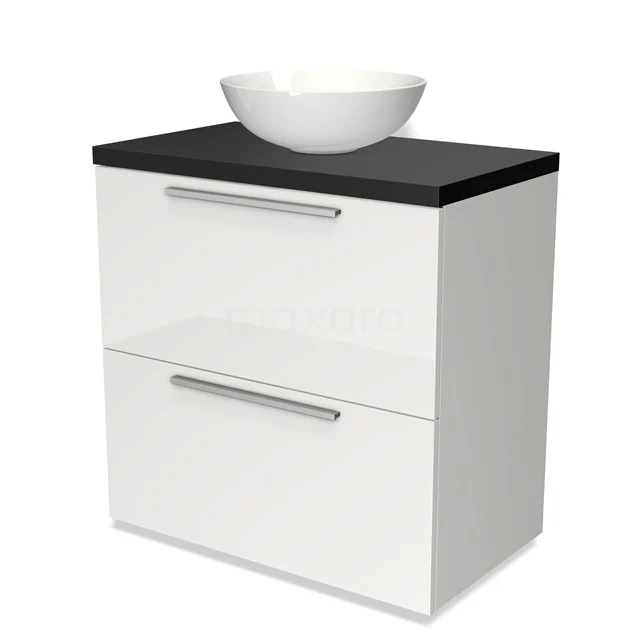 Weiße Badmöbel mit schwarzer Platte, keramischer schalenförmiger Waschbecken und zwei Schubladen, modernes und schlankes Design.