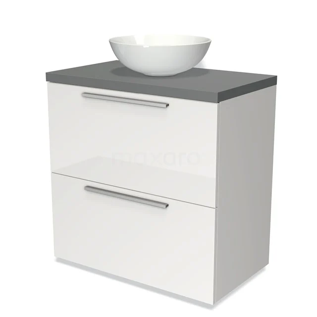 Weiß glänzendes Badmöbel mit grauer Platte, porzellan Aufsatzwaschbecken und zwei Schubladen, ideal für einen modernen Badezimmerstil.