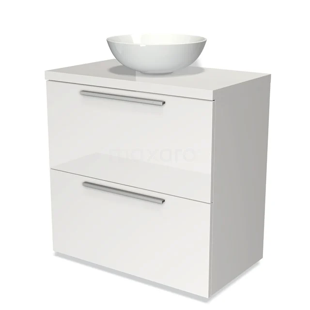 Badmöbel für Aufsatzwaschbecken 80cm Modulo Plato Hochglanz Weiß 2 hohe Schubladen Flach BMK13-00087 Weißes Badezimmermöbel mit keramischem Aufsatzwaschbecken, klare moderne Formgebung, zwei Schubladen mit silberfarbenen Haltegriffen.