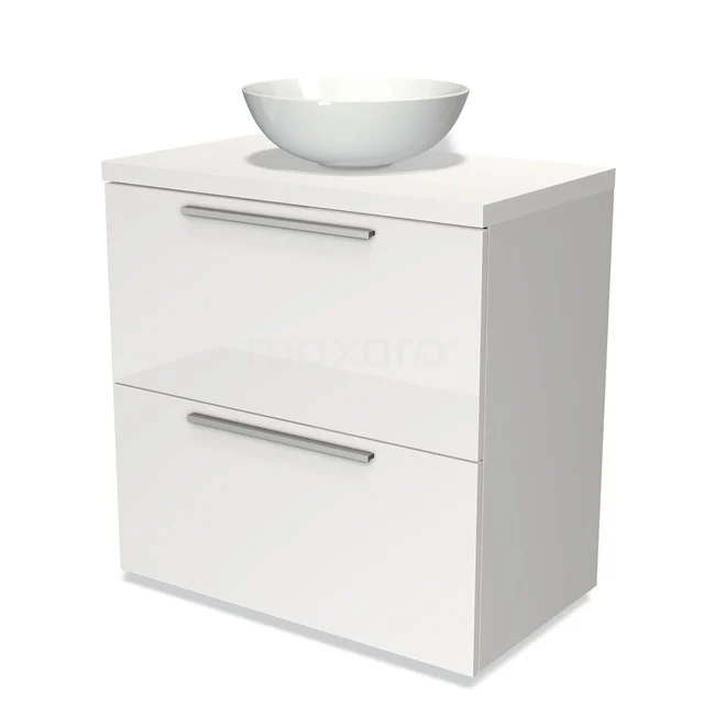 Badmöbel für Waschtischunterschrank mit Konsole 80cm Modulo Plato Hochglanz Weiß 2 hohe Schubladen Flach Matt Weiß Platte BMK13-00088 Weißes Badezimmermöbel mit zwei Schubladen und Aufsatz Waschbecken, modernes Design, glänzende Oberfläche.