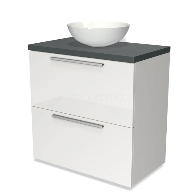 Weißer Badschrank mit zwei Schubladen, schwarzer Platte und rundem Aufsatzwaschbecken; modernes Design, ideal für praktische Badezimmerlagerung.