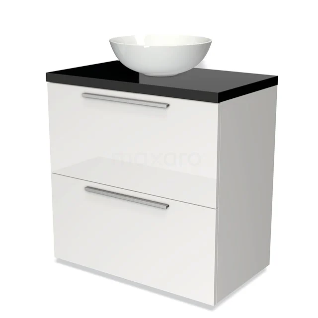 Weißes Badezimmermöbel mit schwarzer Platte, runder Schüssel, zwei Schubladen und chromfarbenen Haltegriffen; modernes Design für praktischen Stauraum.