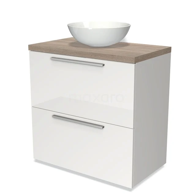 Weißes Badezimmermöbel mit Holzplatte, Aufsatzwaschbecken und zwei Schubladen, modernes Design, ideal für eine stilvolle Badezimmergestaltung.