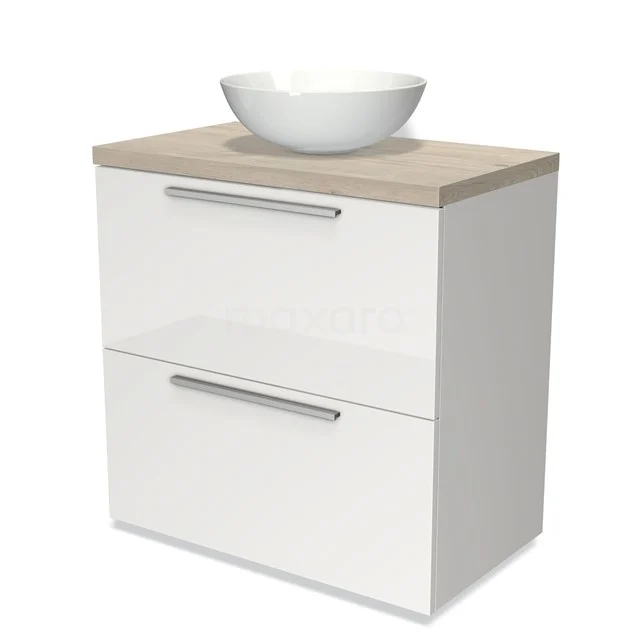 Modulo Plato Badmöbel mit Aufsatzwaschbecken | 80 cm Hochglanz Weiß Flach front Hellgraue Eiche blatt 2 hohe Schubladen übereinanderliegend BMK13-00092 Weißes Badezimmermöbel mit Holzlook Platte, schalenförmiges Waschbecken und zwei Schubladen. Modernes Design, ideal für ein stilvolles Badezimmer.
