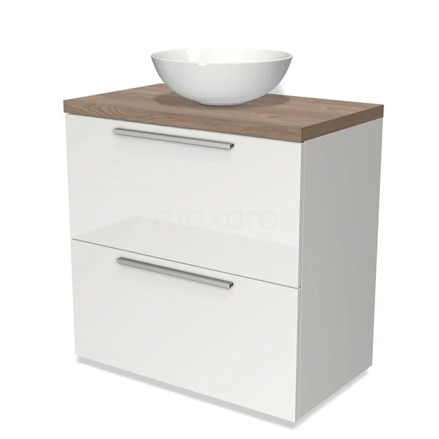 Weißes Badezimmermöbel mit Holzlook Platte und rundem Aufsatzwaschbecken, moderner Stil, ideal für eine stilvolle und funktionale Badezimmergestaltung.