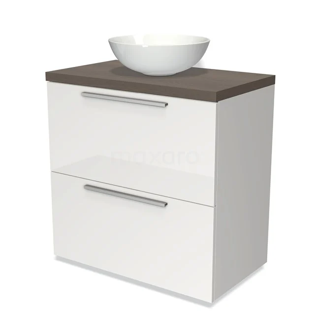 Weißes Badezimmermöbel mit Holzlook Platte, keramischem Aufsatzwaschbecken und Schubladen mit chromatischen Haltegriffen, modernes Design.