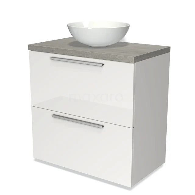 Modulo Plato Vanity units for countertop basin | 80 cm High-gloss white Flat front Grey oak worktop 2 stacked drawers under each other BMK13-00096