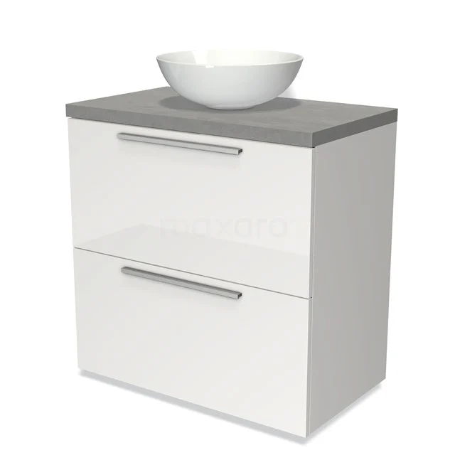 Weißes Badezimmermöbel mit grauem Steinplatte, integriertem Aufsatzwaschbecken und silbernen Haltegriffen; stilvolles und modernes Design.