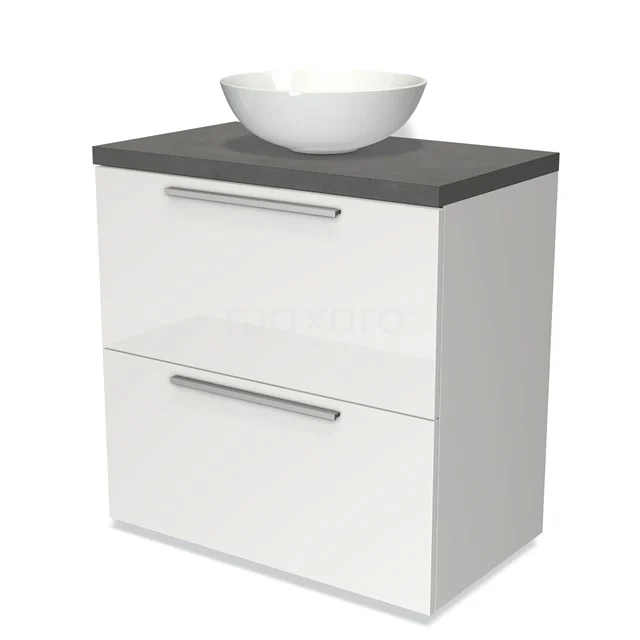 Badmöbel für Waschtischunterschrank mit Konsole 80cm Modulo Plato Hochglanz Weiß 2 hohe Schubladen Flach Dunkelgrau Beton Platte BMK13-00098 Weiße Badmöbelset mit grauem Holzplatte, zwei Schubladen und einem runden keramischen Waschbecken; modernes und stilvolles Design.