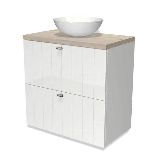 White Bathroom unit with wood-look worktop, ceramic drawers and two drawers; sleek and modern design for a stylish bathroom.