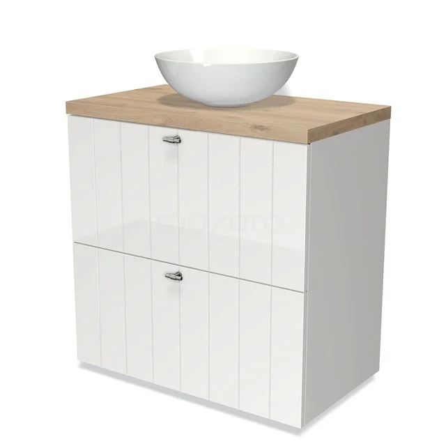 Weißes Badezimmermöbel mit zwei Schubladen, Holzoptik Platte und runder Keramik Aufsatzwaschbecken, ideal für moderne Badezimmergestaltung.