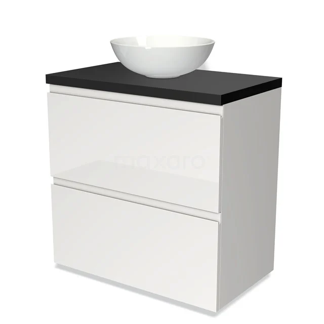 Weißes Badezimmermöbel mit zwei Schubladen, schwarzer Platte und weißem keramischen Aufsatzwaschbecken, modernes Design.