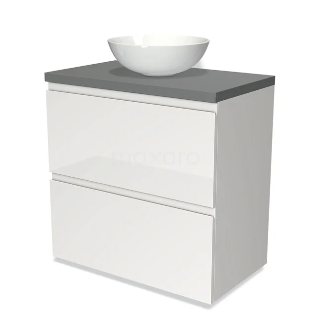 Modulo Plato Badmöbel mit Aufsatzwaschbecken | 80 cm Hochglanz Weiß Grifflos front Mittelgrau blatt 2 hohe Schubladen übereinanderliegend BMK13-00114 Weißes Badezimmermöbel mit zwei Schubladen, mattem grauen Platte und rundem Aufsatzwaschbecken, modernes Design.