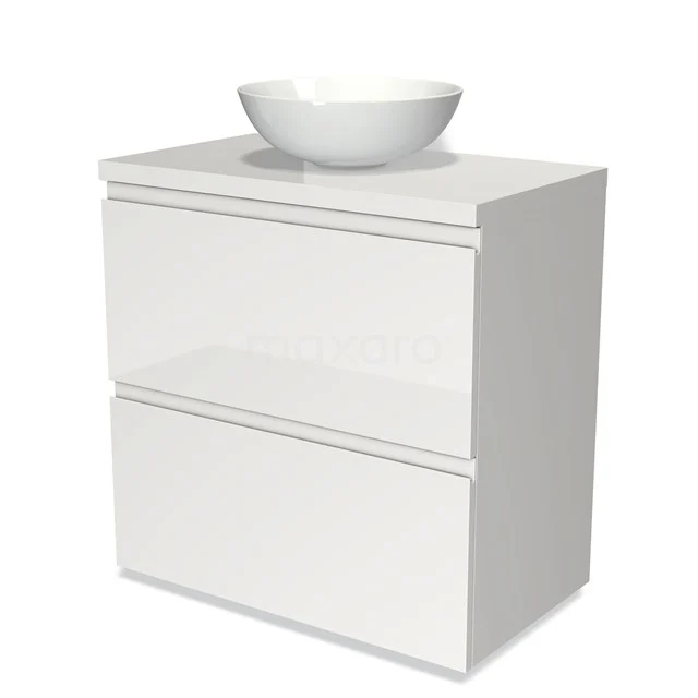 Weiße Badmöbel mit keramischem Aufsatzwaschbecken, schlankes Design und zwei Schubladen für optimalen Stauraum in modernen Bädern.