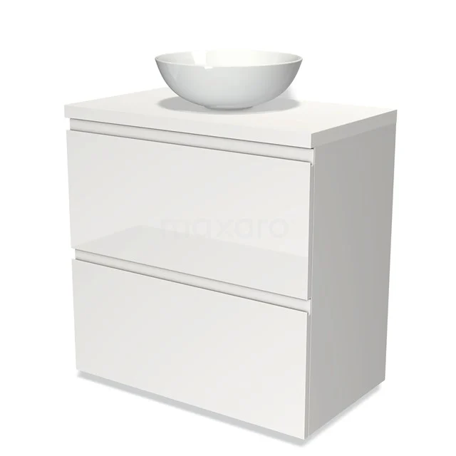 Badmöbel für Waschtischunterschrank mit Konsole 80cm Modulo Plato Hochglanz Weiß 2 hohe Schubladen Grifflos Matt Weiß Platte BMK13-00116 Weißes schwebendes Badezimmermöbel mit klaren Linien, keramischem Aufsatzwaschbecken und zwei Schubladen für optimalen Stauraum.