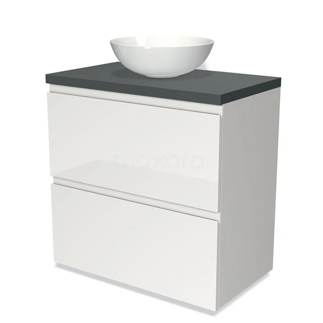 Weißes Badezimmermöbel mit anthrazitfarbener Platte und rundem Aufsatzwaschbecken, modernes Design, ideal für stilvolle Badezimmergestaltung.