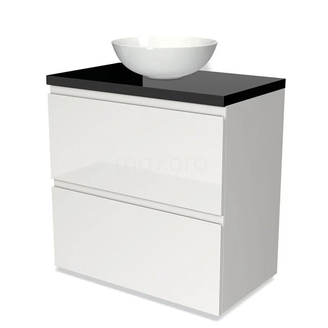 Badmöbel für Aufsatzwaschbecken 80cm Modulo Plato Hochglanz Weiß 2 hohe Schubladen Grifflos Hochglanz Schwarz Platte BMK13-00118 Weißes Badmöbel mit schwarzer Waschtischplatte und rundem Aufsatzwaschbecken, modernes Design mit zwei grifflosen Schubladen.