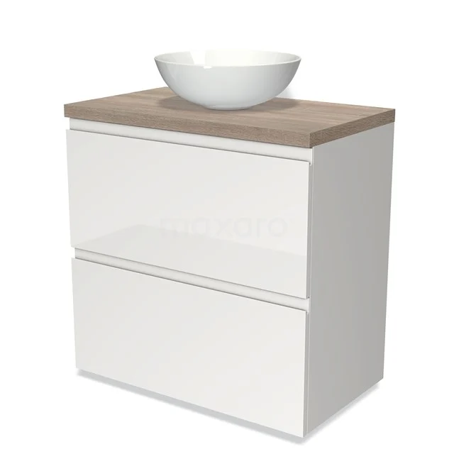 Modulo Plato Badmöbel mit Aufsatzwaschbecken | 80 cm Hochglanz Weiß Grifflos front Eiche blatt 2 hohe Schubladen übereinanderliegend BMK13-00119 Weißes Badezimmermöbel mit zwei Schubladen, Holzplatte und rundem Waschbecken, modernes Design, ideal für eine stilvolle Badezimmergestaltung.