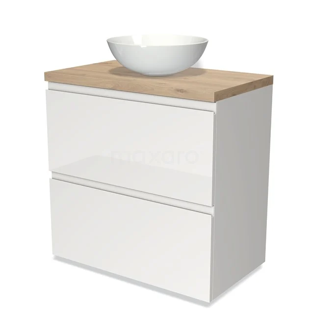 Weißes Badmöbel mit Waschbecken, Holzplatte, modernes Design und zwei Schubladen für Stauraum.