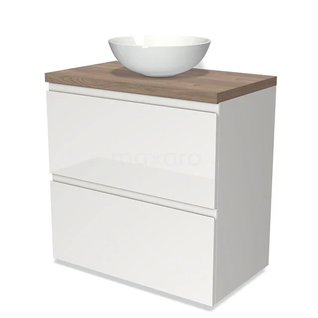 Modulo Plato Badmöbel mit Aufsatzwaschbecken | 80 cm Hochglanz Weiß Grifflos front Mittelbraune Eiche blatt 2 hohe Schubladen übereinanderliegend BMK13-00122 Weißes hängendes Badezimmermöbel mit zwei Schubladen, Holzplatte und rundem Aufsatzwaschbecken; modernes Design für ein stilvolles Badezimmer.