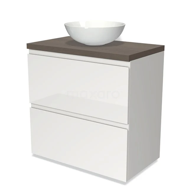 Badmöbel für Waschtischunterschrank mit Konsole 80cm Modulo Plato Hochglanz Weiß 2 hohe Schubladen Grifflos dunkelbraune Eiche Platte BMK13-00123 Weißes Badezimmermöbel mit Holzlook Platte und runder Aufsatz Waschbecken, modernes Design, ideal für eine stilvolle Badezimmergestaltung.