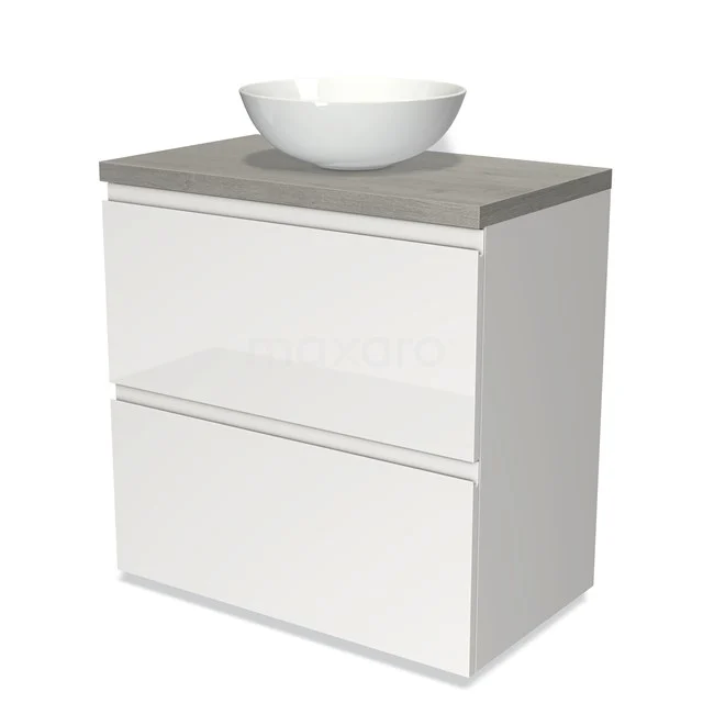 Weißes Badezimmermöbel mit zwei Schubladen, graue Betonplatte und rundes Waschbecken; modernes Design für ein stilvolles Badezimmer.