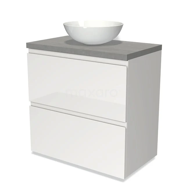 Weißes Badezimmermöbel mit zwei Schubladen, betongrauer Platte und runder keramischer Aufsatzwaschbecken, ideal für moderne Badezimmerinterieurs.