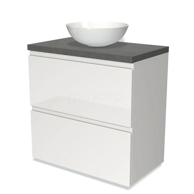Modulo Plato Badmöbel mit Aufsatzwaschbecken | 80 cm Hochglanz Weiß Grifflos front Dunkelgrauer Beton blatt 2 hohe Schubladen übereinanderliegend BMK13-00126 Weiße Badmöbelset mit grauer Steinwaschtischplatte und einem runden Aufsatzwaschbecken, modernes Design mit zwei geräumigen Schubladen.