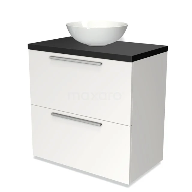 Weißes Badmöbel mit schwarzer Platte, zwei Schubladen und rundem Waschbecken; stilvoll und praktisch für moderne Bäder.