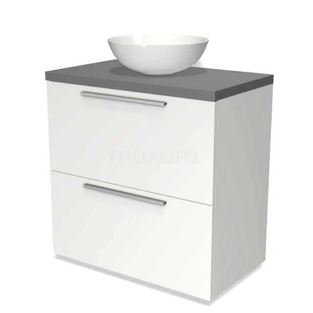 Weißes Badezimmermöbel mit grauer Waschtischplatte, zwei Schubladen und runder Aufsatzschale; modernes Design, ideal für kleine Bäder.