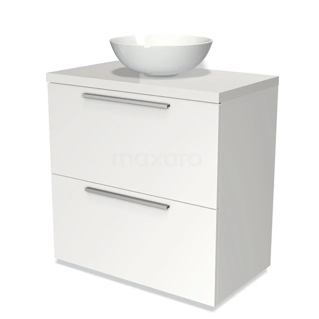 Badmöbel für Waschtischunterschrank mit Konsole 80cm Modulo Plato Matt Weiß 2 hohe Schubladen Flach Hochglanz Weiß Platte BMK13-00129 Weißes Badezimmermöbel mit zwei Schubladen und einem runden Aufsatzwaschbecken, modernes Design, ideal für eine schlichte Badezimmergestaltung.