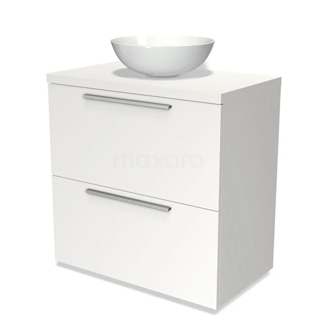 Weißes Badezimmermöbel mit zwei Schubladen, rostfreien Haltegriffen und Aufsatz Waschbecken, modernes Design.