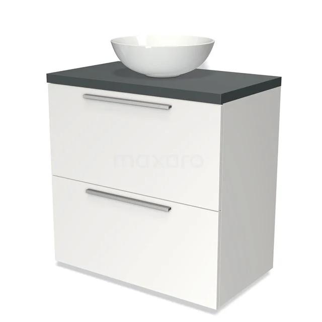 Weißes Badezimmermöbel mit einer schwarzen Holzplatte und einem runden, weißen schalenförmigen Waschbecken, ideal für moderne Bäder.