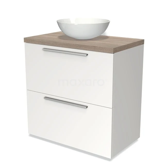 Weißes Badezimmermöbel mit Holzlook Platte, integriertem Aufsatzwaschbecken und zwei Schubladen; modernes Design, ideal für ein stilvolles Badezimmer.