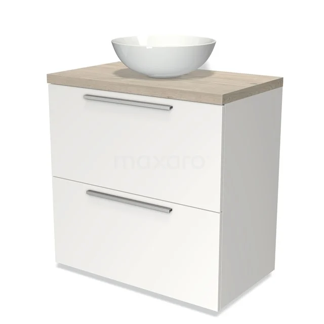 Weißes Badezimmermöbel mit Holzlook Platte, integriertes Aufsatzwaschbecken und modernen silbernen Haltegriffen, kompaktes Design.