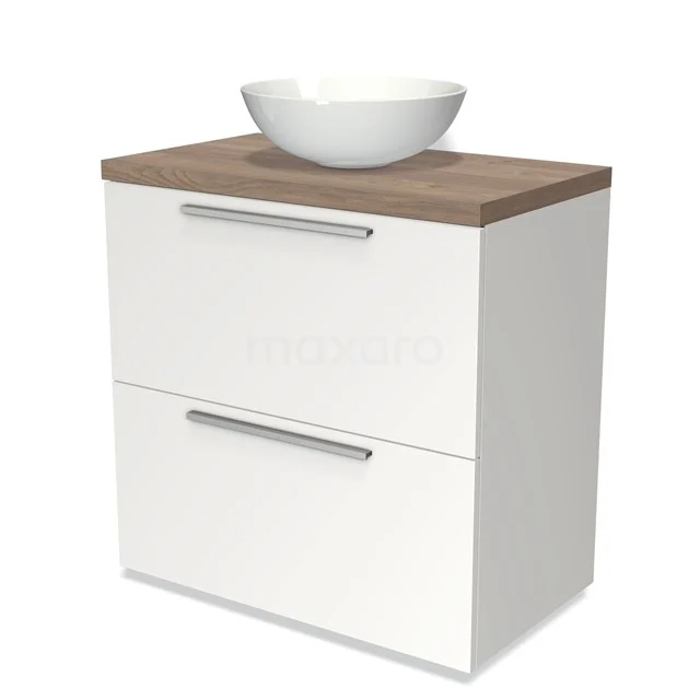 Weißes Badezimmermöbel mit Holzlook Platte, rundem Aufsatzwaschbecken und zwei Schubladen, ideal für moderne Badezimmergestaltung.