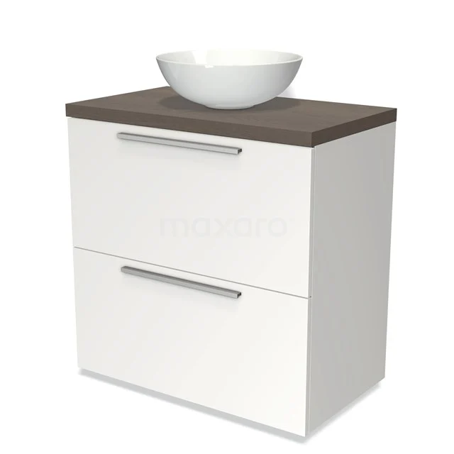 Weißer Badschrank mit 2 Schubladen und Holzplatte, einschließlich runder weißer Aufsatzwaschbecken, modernes Design für stilvolles Badezimmerinterieur.