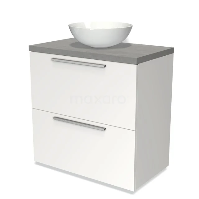 Weißes hängendes Badezimmermöbel mit grauem Steinewaschbecken und einer runden Aufsatzschüssel, modernes Design mit schicken metallischen Griffen.