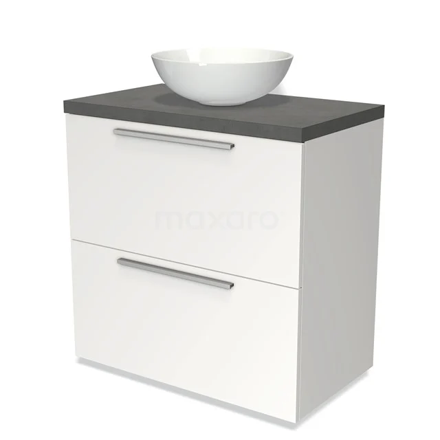 Weißes Badezimmermöbel mit grauer Platte, zwei Schubladen und rundem keramischen Waschbecken. Modernes Design, ideal für kompakte Bäder.