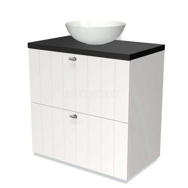White bathroom unit with black worktop and ceramic basin, modern design with two drawers for practical storage space.