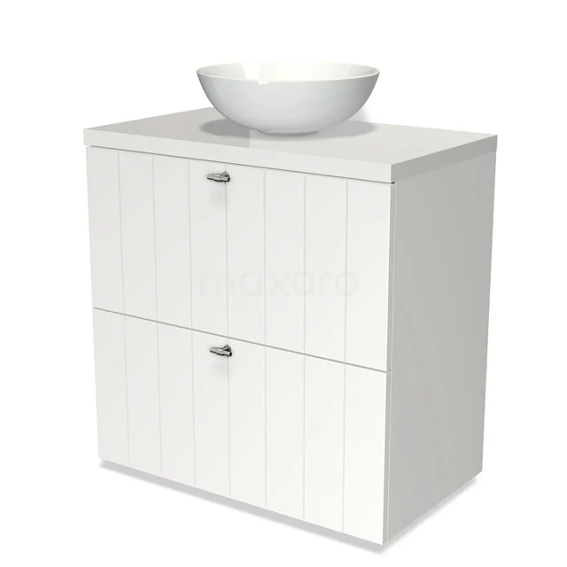 Modulo Plato Vanity units for countertop basin | 80 cm Matte white Slat front High-gloss white worktop 2 stacked drawers under each other BMK13-00143 White wooden bathroom unit with basin, two storage drawers and vertical grooves. Compact design, perfect for modern bathrooms.