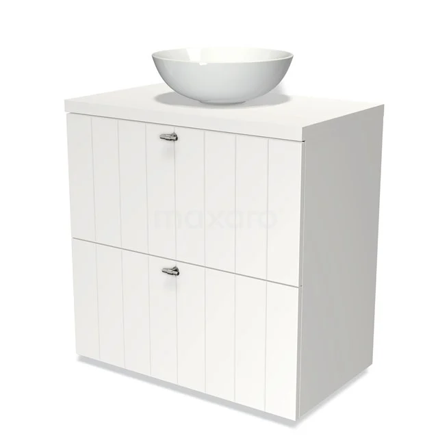 Weißes Badmöbel mit Waschbecken, Holzlook-Fronten und metallischen Griffen, ideal für eine moderne Badezimmergestaltung.