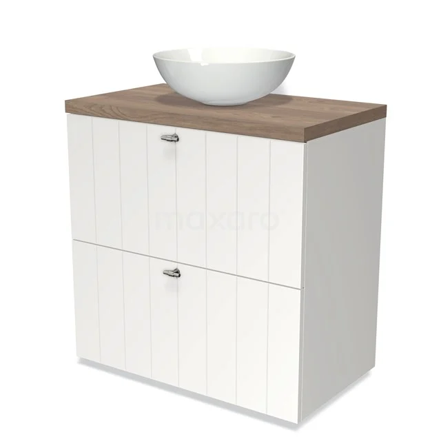 Weißes Holz-Badmöbel mit Waschbecken, Holzlook Platte, gerippte Schubladen und runder Aufsatzwaschbecken, perfekt für stilvolle Bäder.