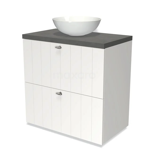 Weißes Waschtisch mit grauer Platte und runder Aufsatzschale, modernes Badezimmerdesign mit Holzelementen.